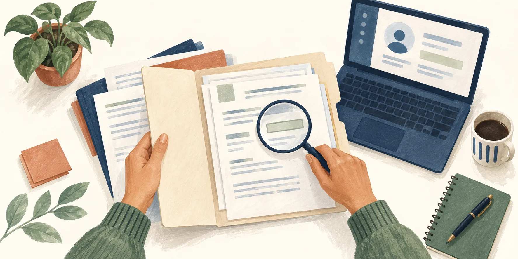 Illustration of someone checking a field in their paperwork with a magnifying glass beside an online account.