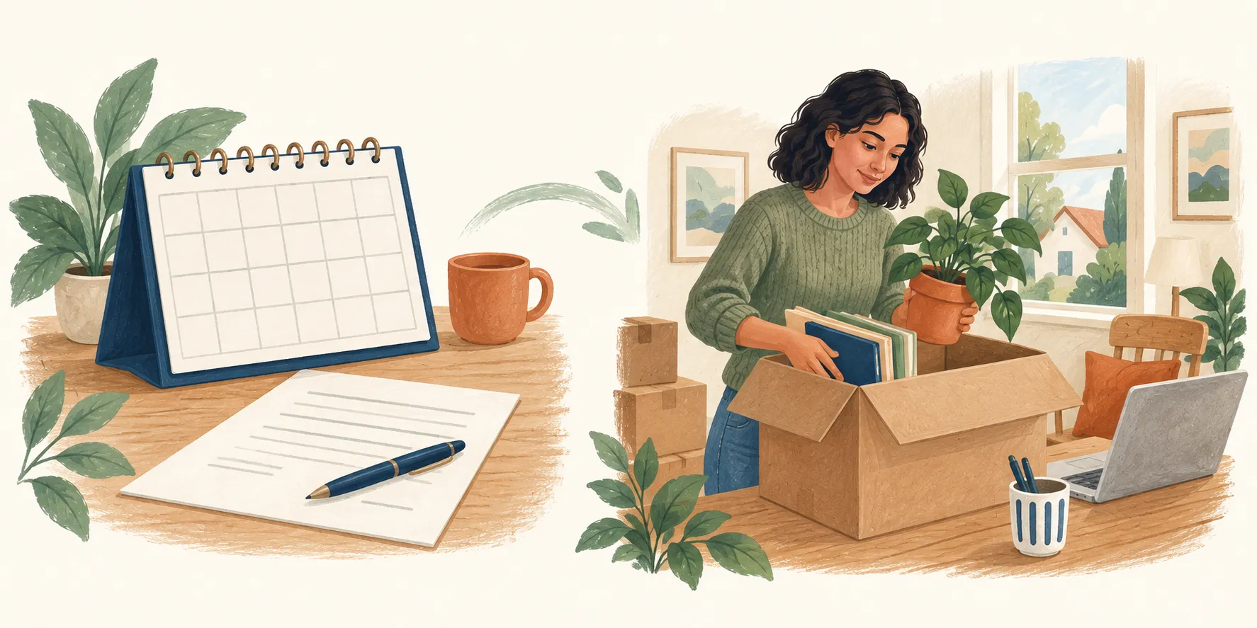 Illustration of a calendar and document on the left, and a person packing household belongings and records on the right.