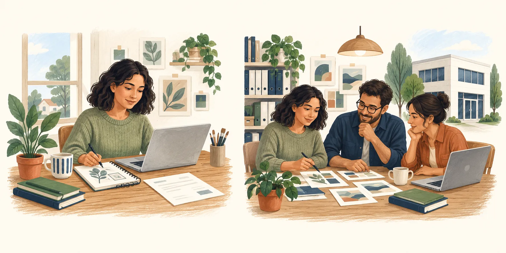 Illustration of the same designer working individually on the left and with a company team on the right.
