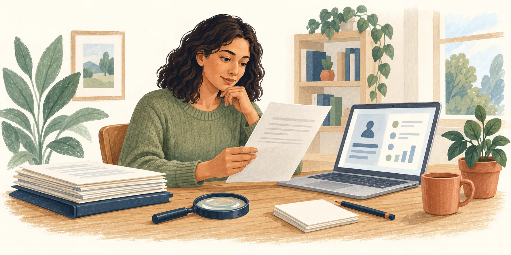 Illustration of a reviewer comparing submitted paperwork with account information on a laptop.