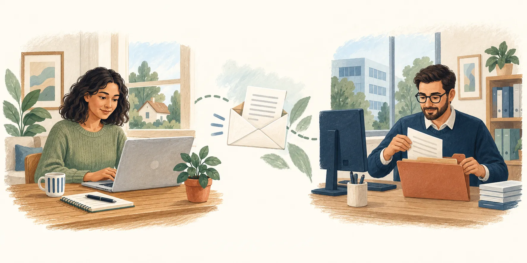 Illustration of a person submitting paperwork from a laptop and a payer’s administrator receiving it into a folder.