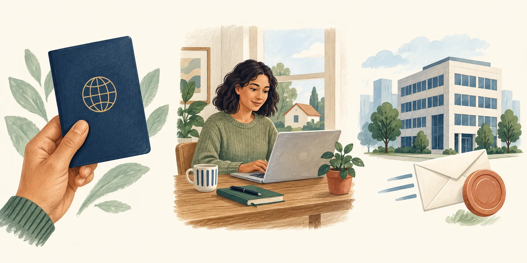 Illustration, left to right: a passport, a person working at home, and a payment company sending an envelope.
