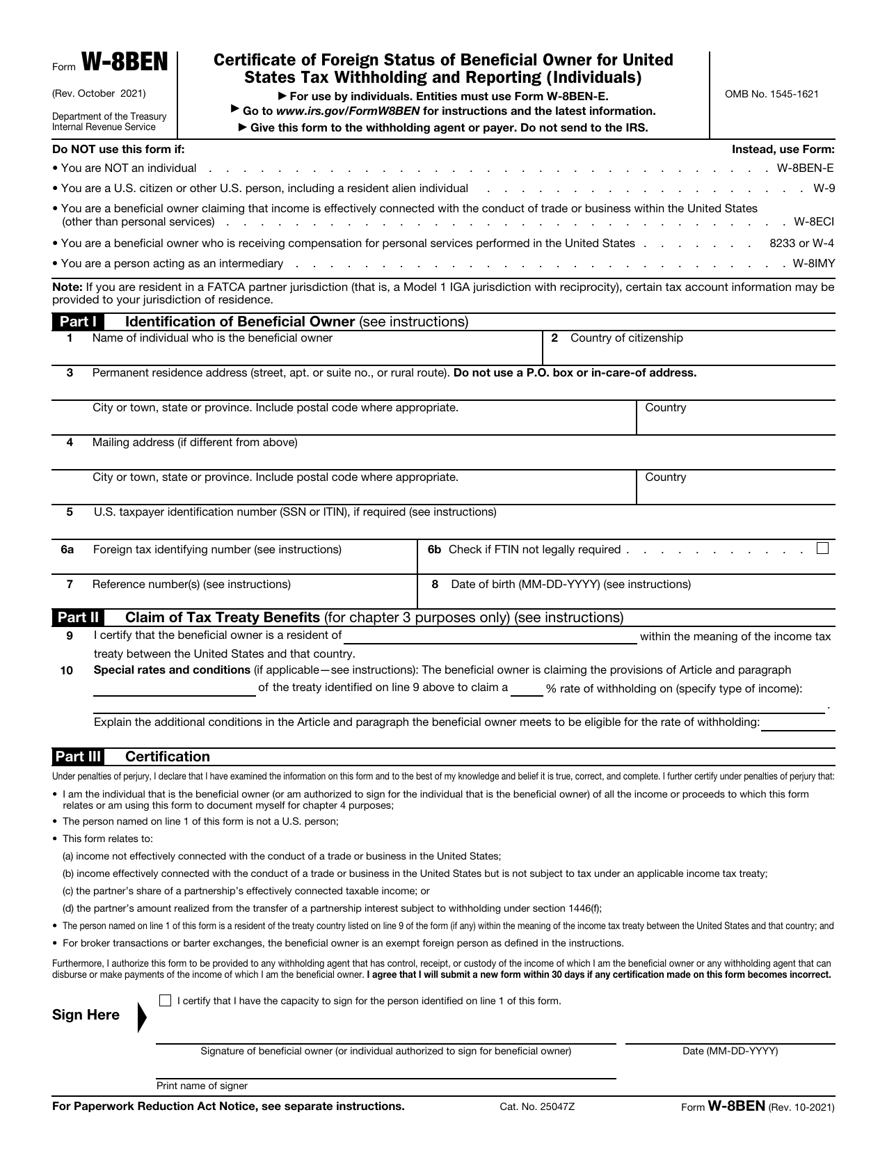 Blank W-8BEN form, first page