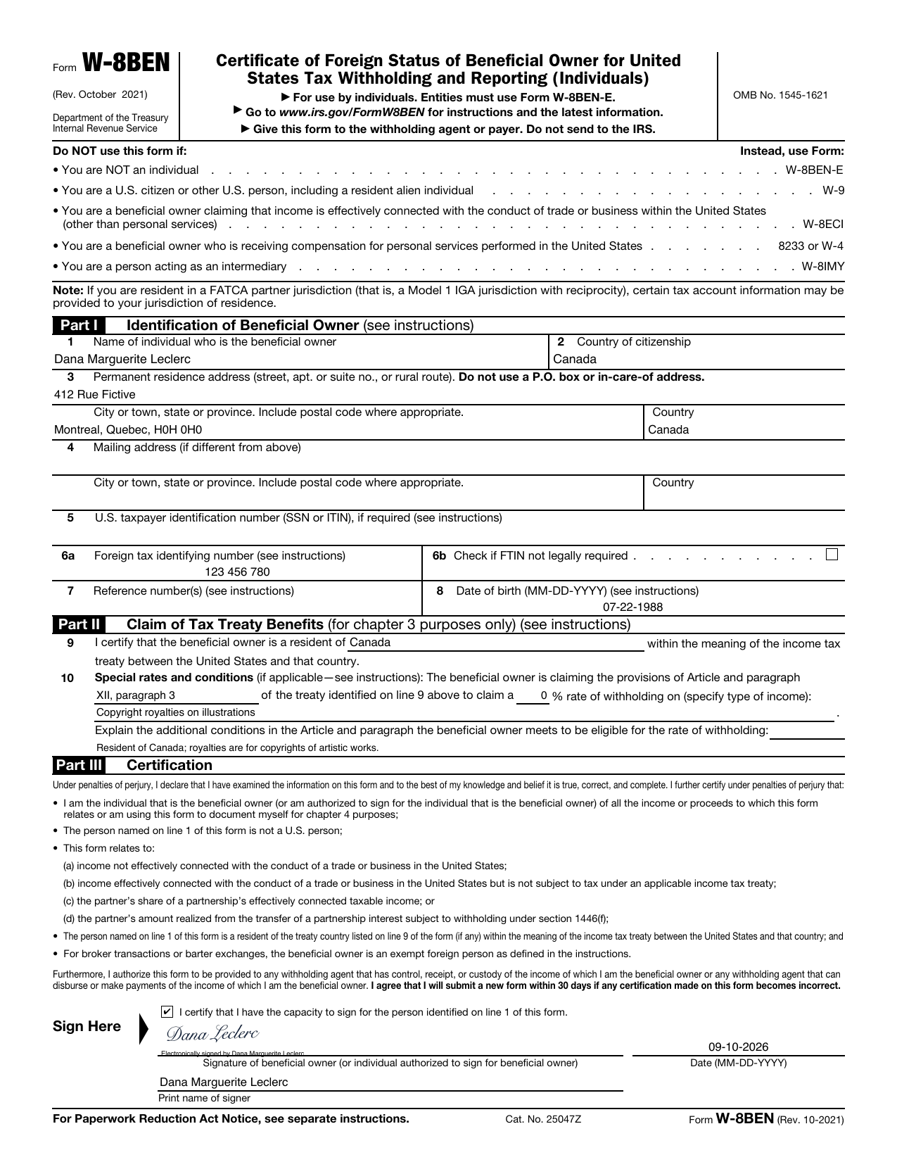 A completed Form W-8BEN for a fictional Canadian illustrator, Dana Marguerite Leclerc, with a treaty claim on Line 9 and Line 10 and an electronic signature dated 09-10-2026