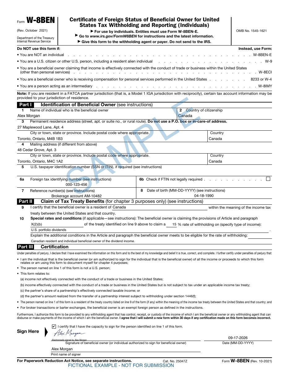 Completed W-8BEN for fictional Alex Morgan, including address, tax details, and signature, marked SAMPLE