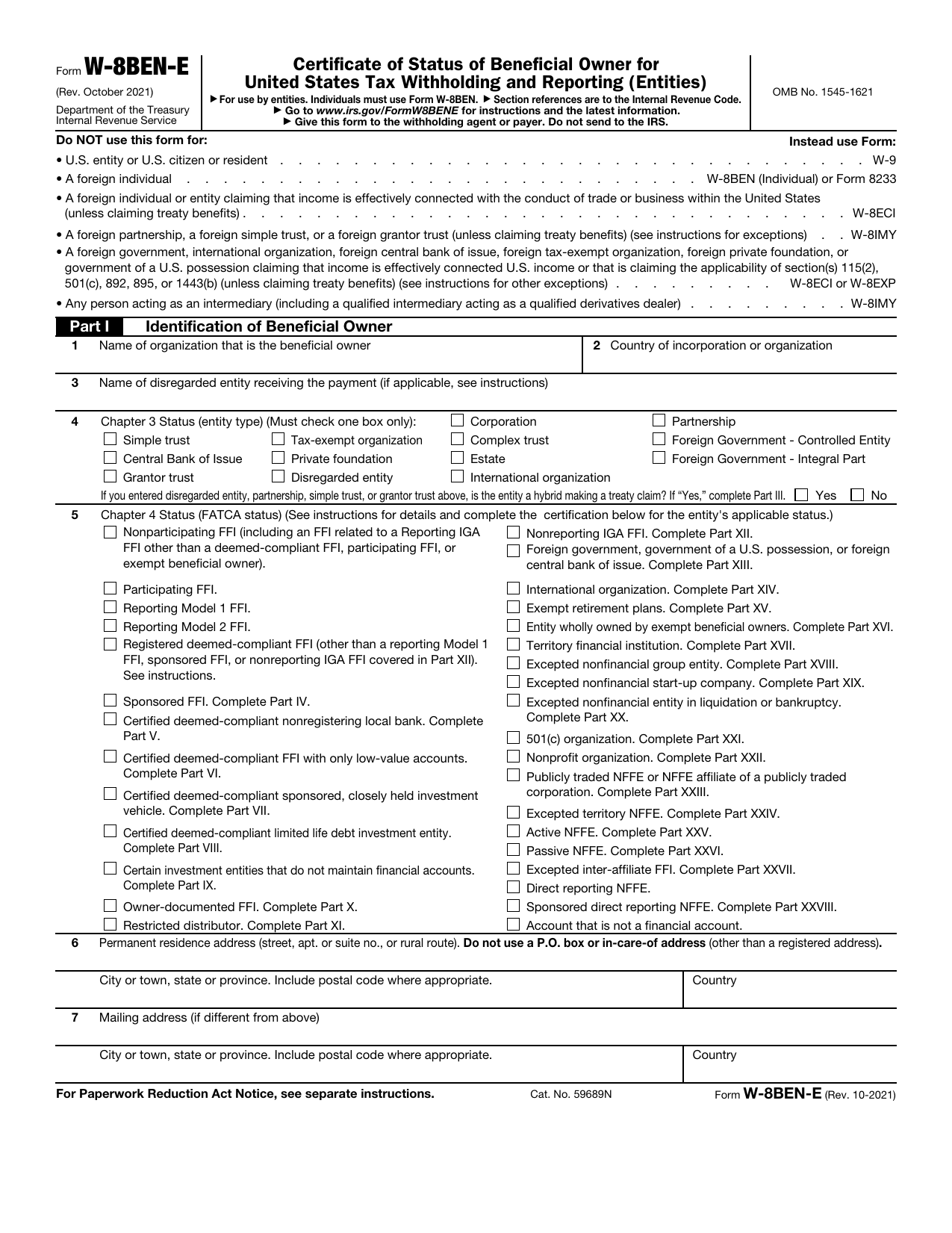 Page 1 of the blank October 2021 Form W-8BEN-E with numbered markers on Lines 1 to 7