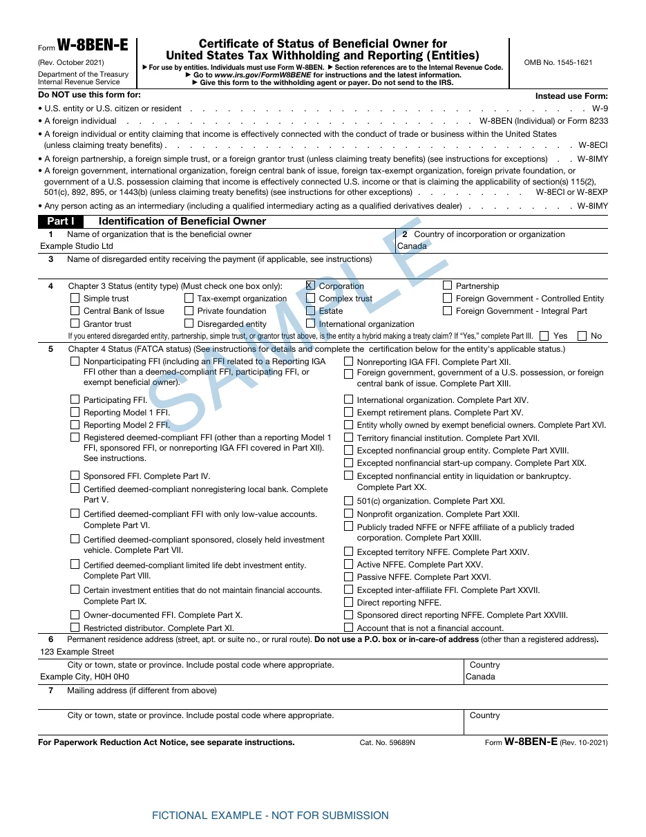 Sample W-8BEN-E page 1 with fictional details for Example Studio Ltd, marked SAMPLE