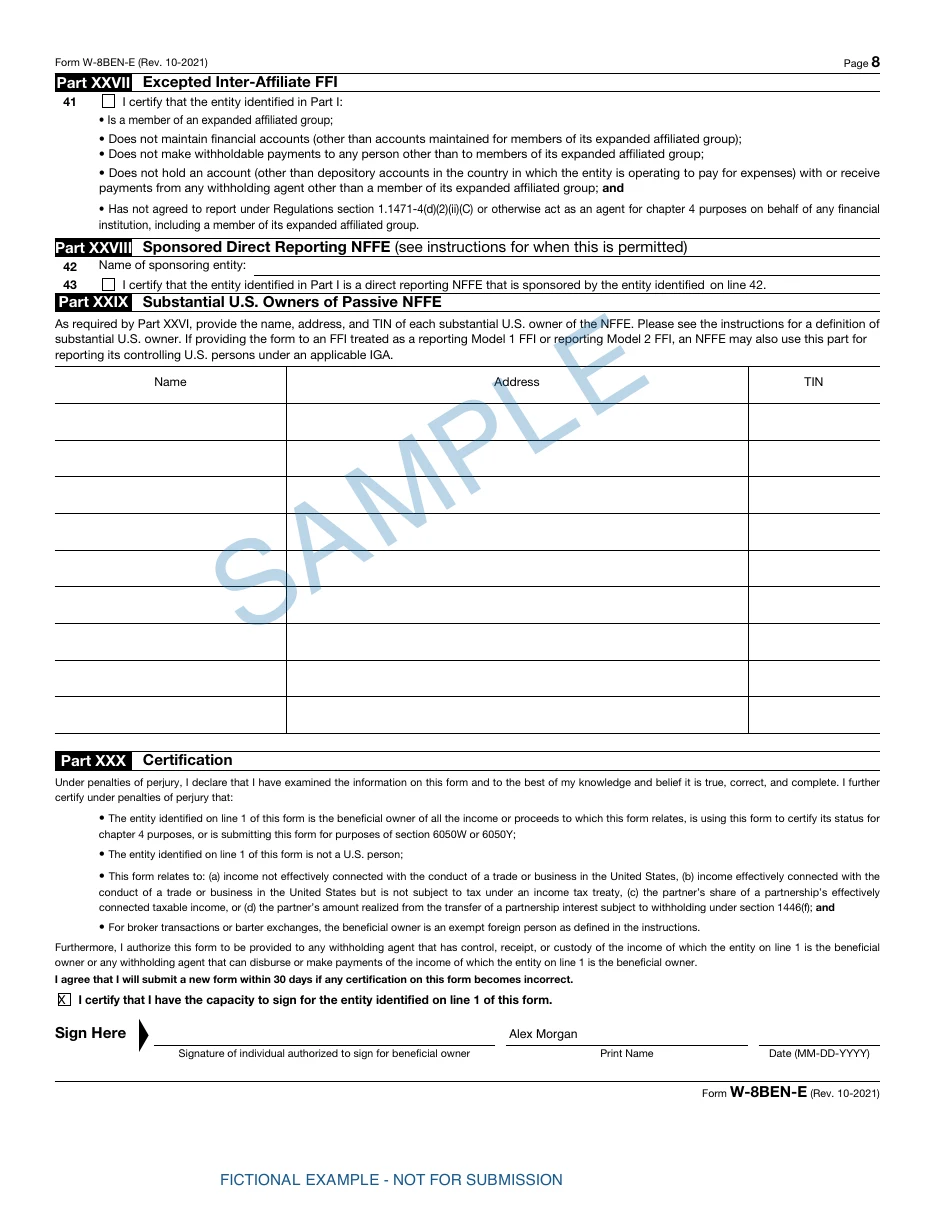 Sample W-8BEN-E page 8 with the authorized representative name and unsigned certification, marked SAMPLE