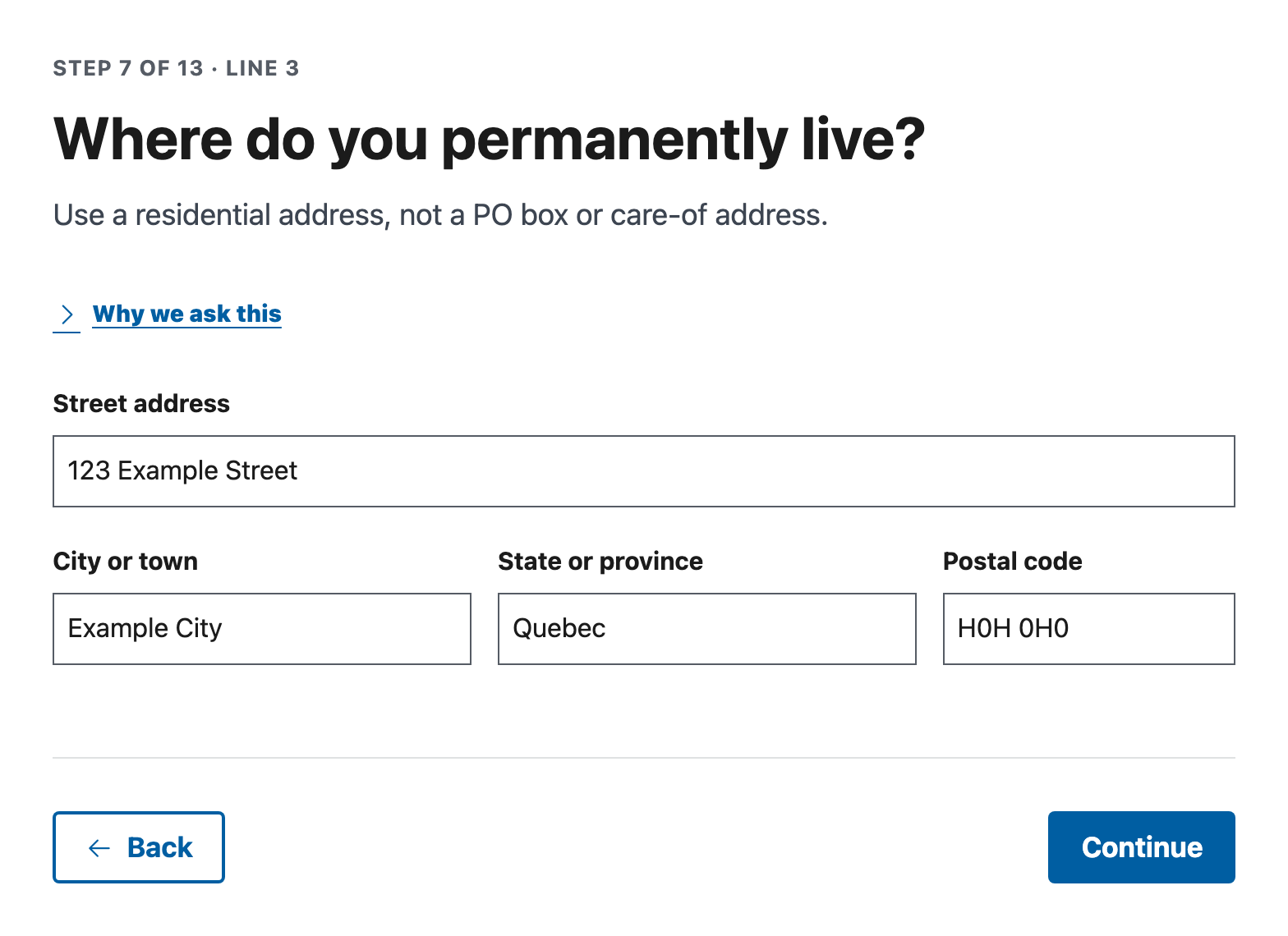 The W8Simple permanent address step, showing separate street, city, state or province, and postal-code fields filled with fictional details.