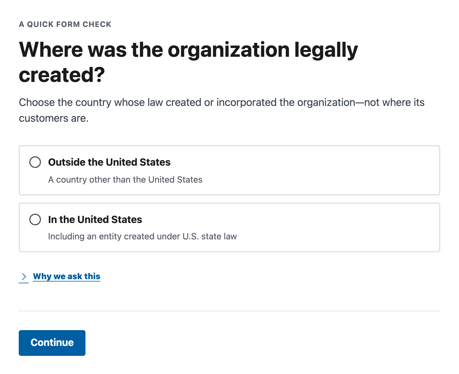 The W8Simple W-8BEN-E opening step asks whether the organization was legally created outside or inside the United States.