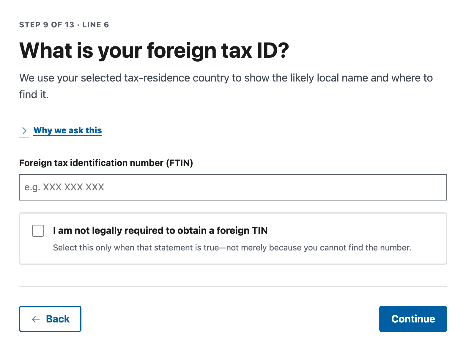 The W8Simple foreign tax ID step, with an empty FTIN field and a separate unchecked box for people not legally required to obtain a foreign TIN.