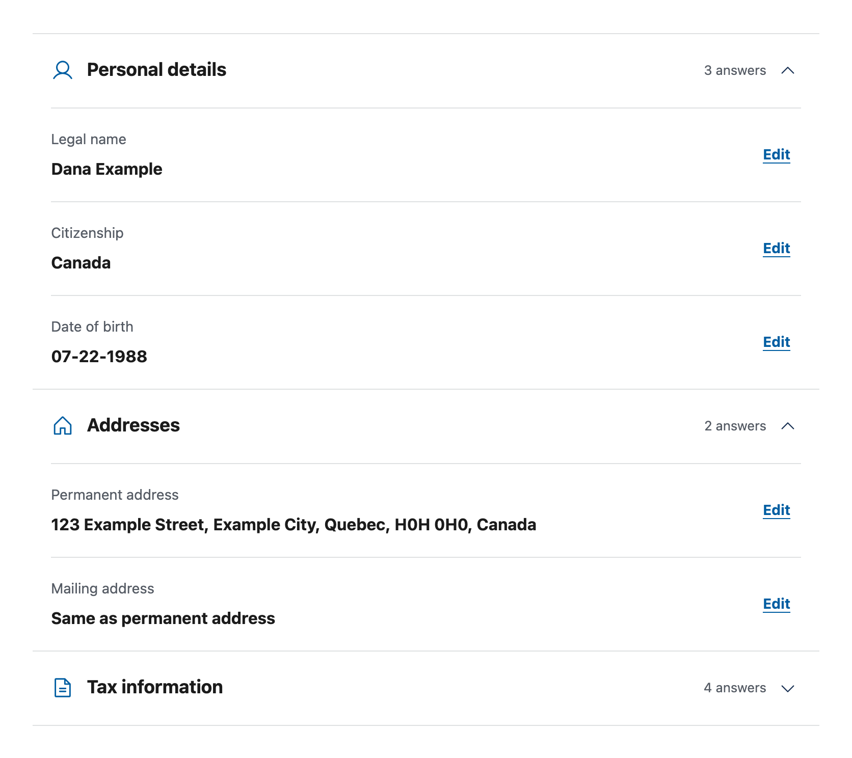 The W8Simple review panel, showing fictional personal details and address information, grouped into sections with an Edit button beside each answer.
