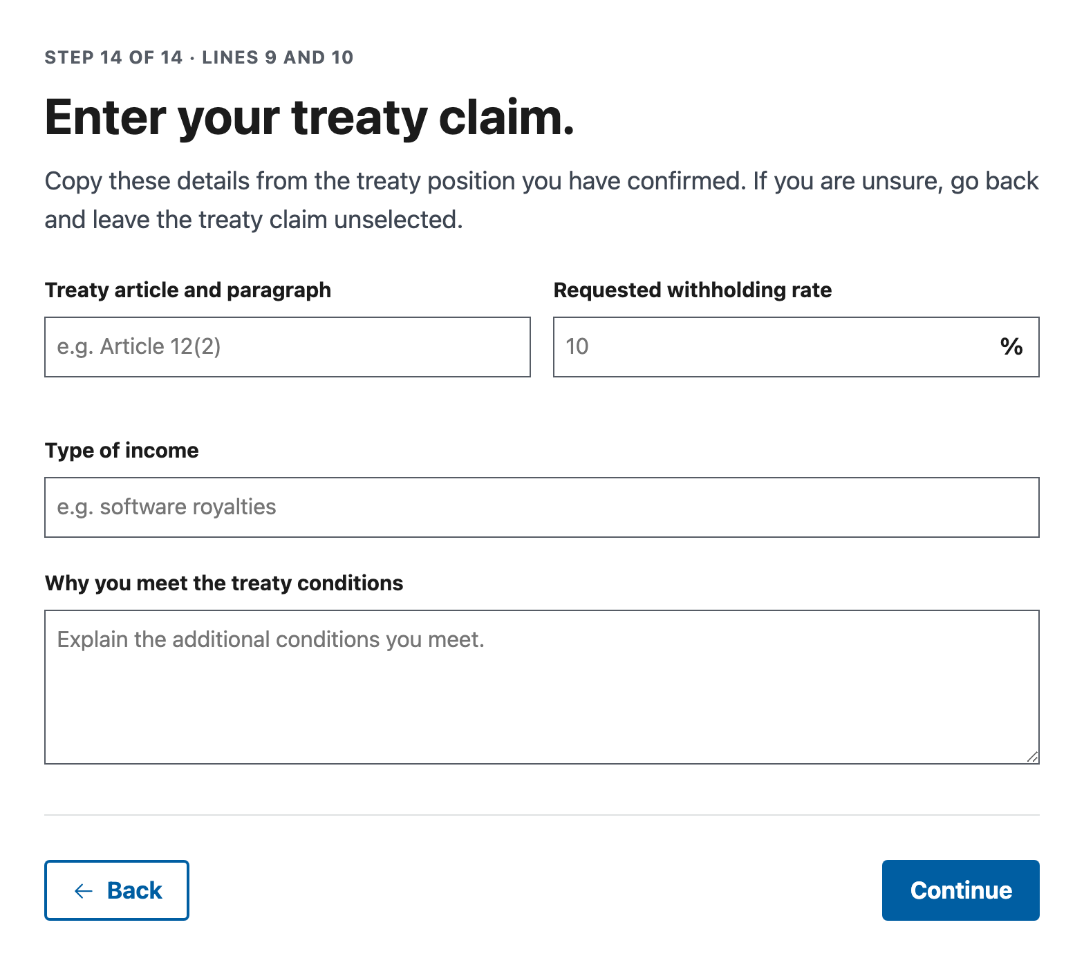 The W8Simple treaty step, with empty fields for article and paragraph, withholding rate, income type, and an explanation of the treaty conditions.